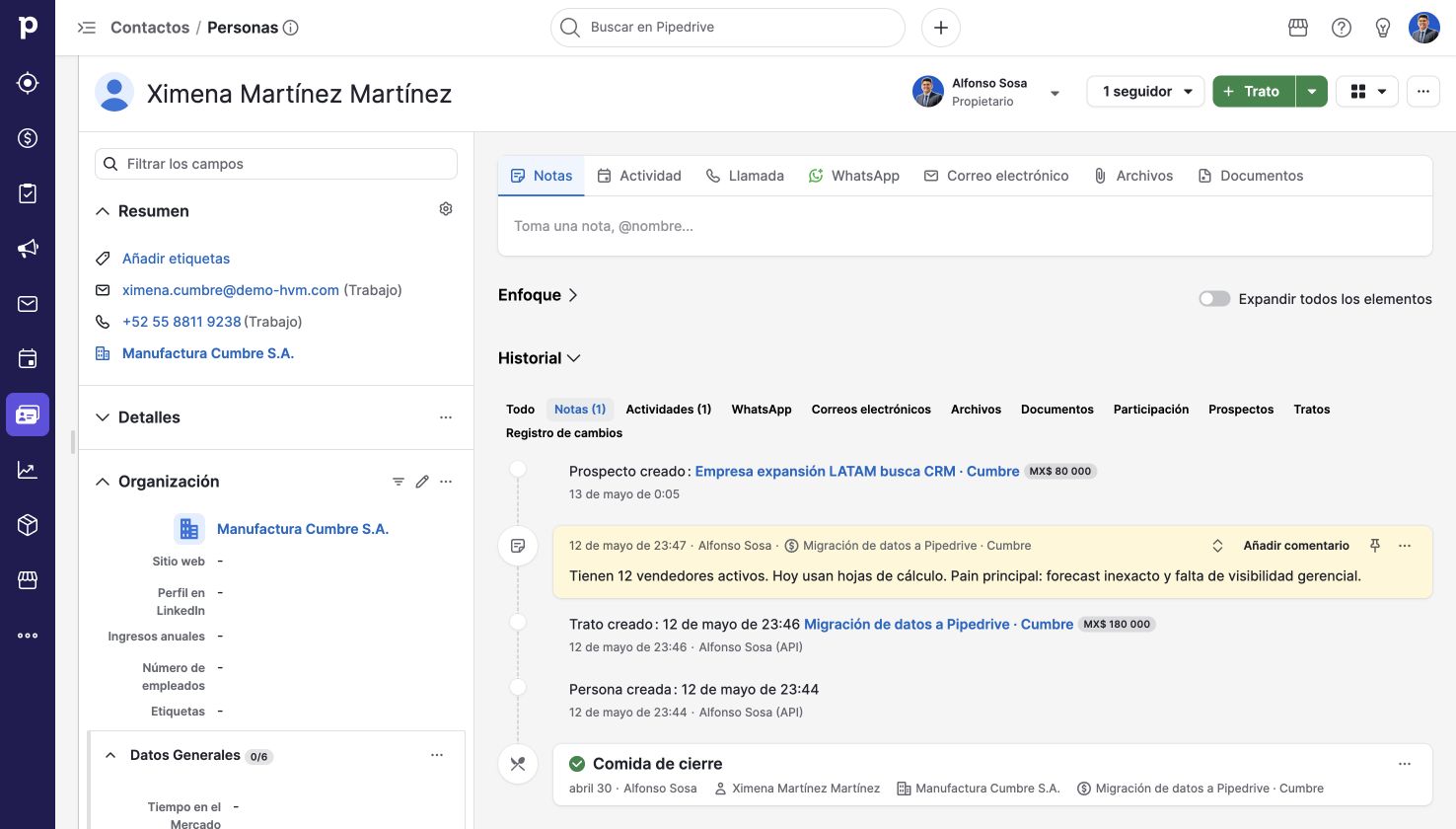 Contacto relacionado con su empresa. Pipedrive en una cuenta de demostración.